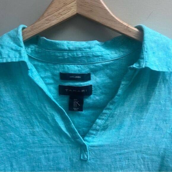 Tahari Turquoise Linen Blouse - Picture 2 of 5
